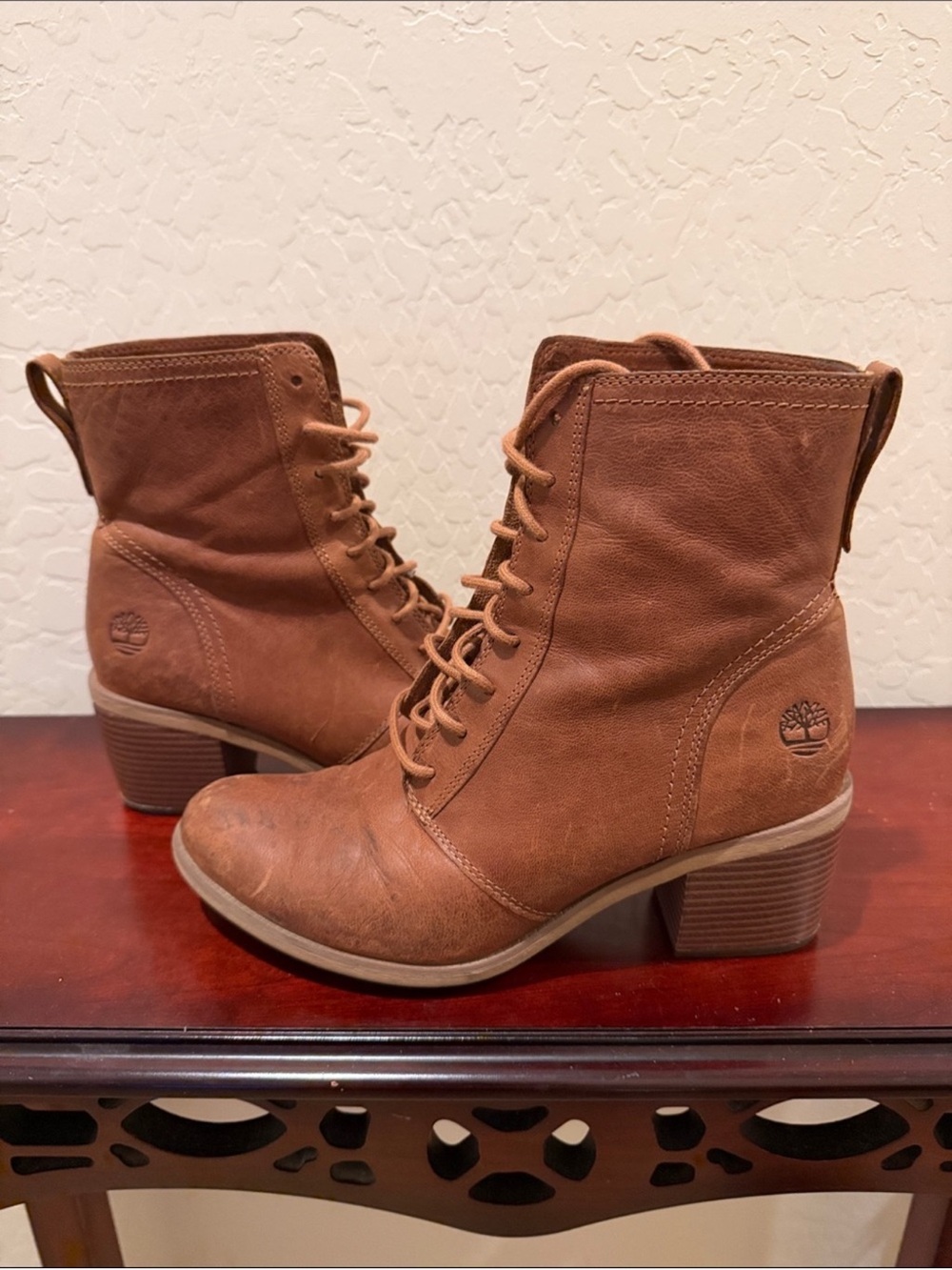 Timberland Brynlee Park Mid Brown Leather Lace Up Heeled Boots  Women’s Sz 8